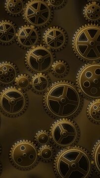 Interlocking Metal Gears Rotating Clockwork Mechanism Background Seamless Loop in subtle brass tones vertical 9:16