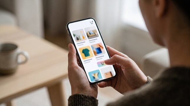 Person using smartphone to browse online shopping app with various products displayed on screen
