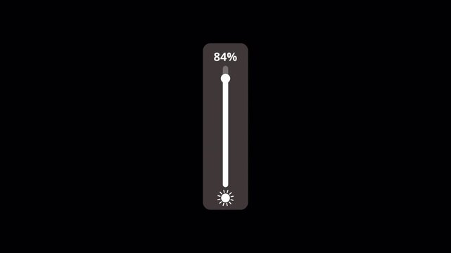 Brightness slider level control animation isolated on black background, slider level adjust 0 to 100, simple brightness contrast icon animated.
