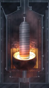 Czochralski crystal pulling with silicon boule rising from the melt, bright meniscus ring and growth striations in bright argon tones vertical 9:16