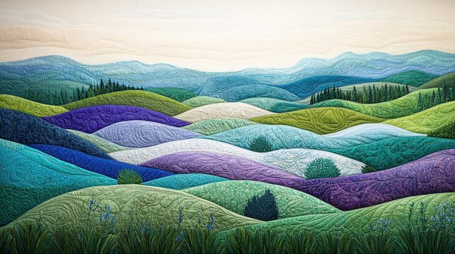 Colorful quilted hills in a vibrant landscape.