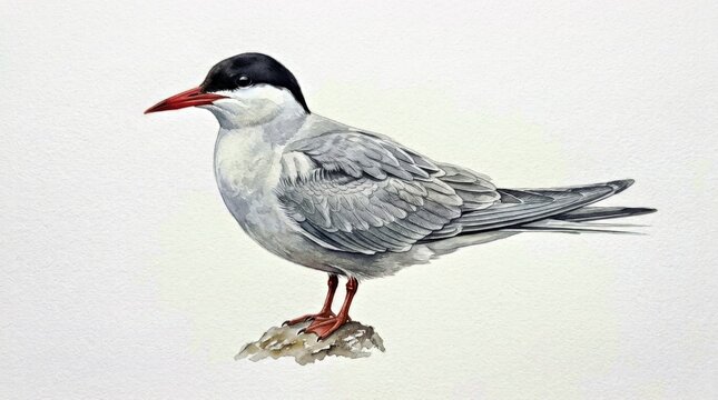 Arctic Tern Perched with Wings Partially Folded, Detailed Watercolor Seabird Wildlife Illustration Isolated on White Background