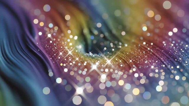 Abstract iridescent waves with shimmering glitter and bokeh lights
