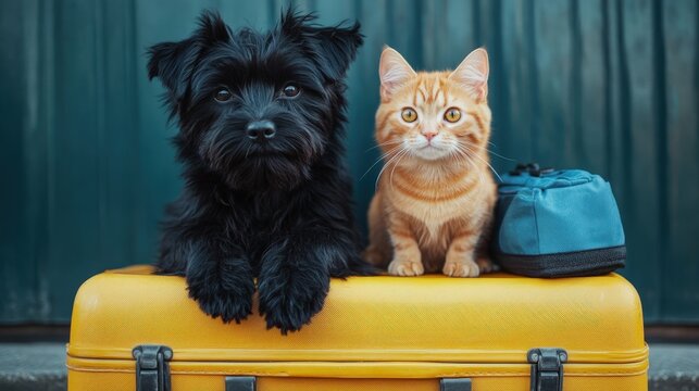 Orange cat and black dog on a suitcase, travel companions.