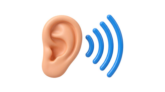 A 3D cartoon human ear in peach color is featured on the left side, accompanied by five glossy blue sound wave arcs radiating to the right, all isolated entirely against a plain white background