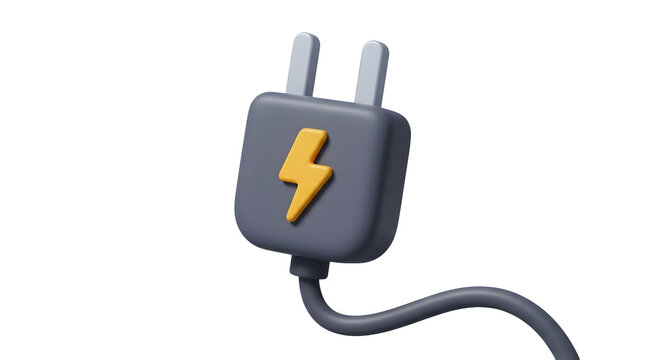 3D rendered icon of a dark grey electrical power plug featuring two light grey metal prongs pointing upward, a vibrant yellow lightning bolt symbol centered on the front, and a curved cord attached