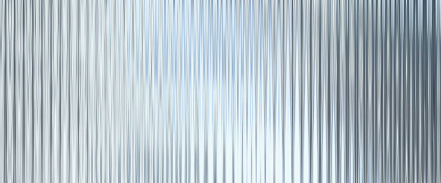 Silver acrylic ribbed texture with vertical fluted lines and soft blue light reflections. Abstract glossy surface with blurred striped pattern and subtle gradient effect.