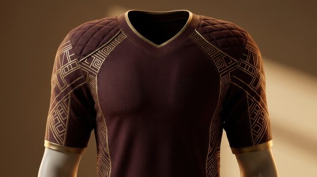 Detailed maroon rugby jersey with intricate gold patterns on shoulders and sleeves.