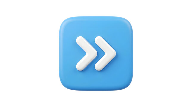 A 3D icon representing a fast-forward or double right arrow symbol on a blue rounded square tile, rendered with glossy claymorphism style and soft lighting, isolated on transparent background