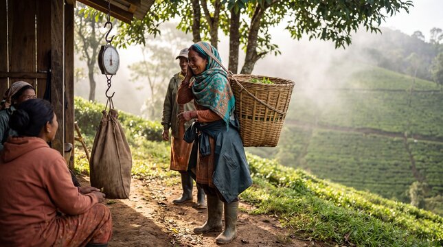 Tea garden harvester in Rize &mdash; a woman in a bright scarf snipping tea flush, wide cinematic environmental shot