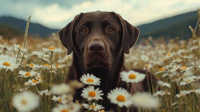 Chocolate labrador in a field of daisies.