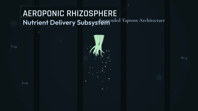 Futuristic animation of an aeroponic rhizosphere showing a suspended plant root system receiving atomized nutrient infusion and illustrating cellular hydration exchange in modern agriculture technolo