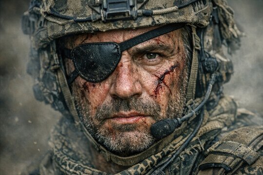 A person wearing a helmet and eye patch, with a focus on their face