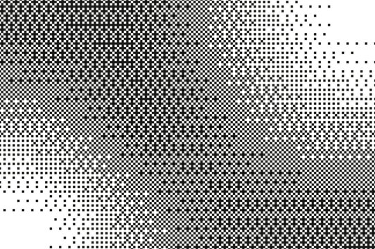 Pixel bitmap texture with 8-bit halftone effects. Abstract black and white pixelated dither pattern. Retro dotted noise geometric grid with shade duotone transition print. Vector illustration.