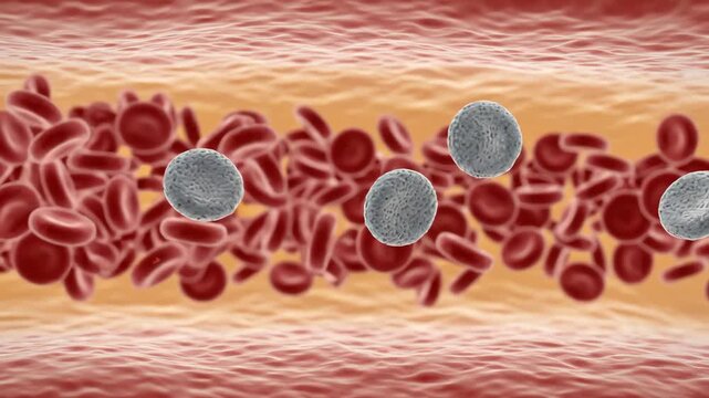 Platelets slowly flowing through a clean blood vessel