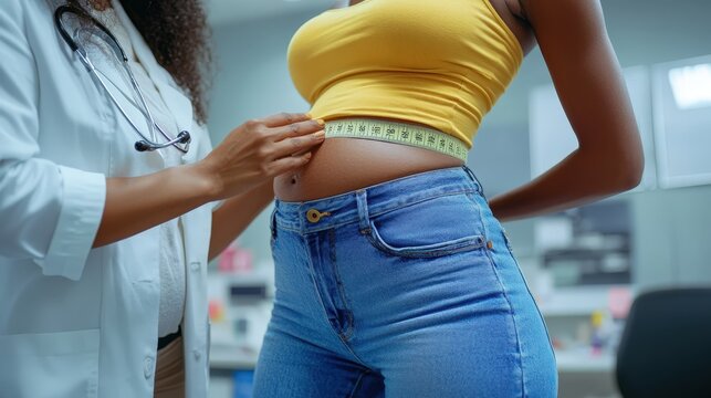 Doctor measuring a patient's waist in an office.