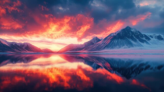 Sunset reflecting on a calm lake and mountains.