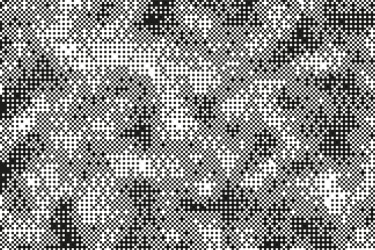 Pixel bitmap texture with 8-bit halftone effects. Abstract black and white pixelated dither pattern. Retro dotted noise geometric print with dirt perforated dynamic transitions. Vector illustration.