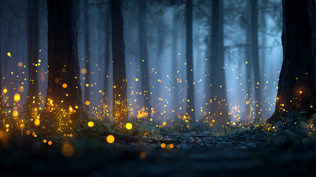 Enchanting dark forest scene illuminated by golden fireflies during nighttime