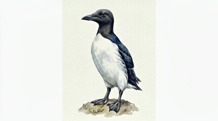 Fototapeta premium Thick-Billed Murre Standing Upright in Watercolor Style on White Background