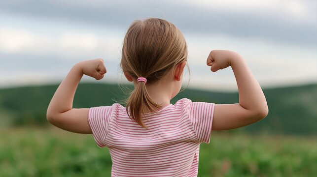 Girl child flexing biceps with strength and confidence in a rural landscape showing youth empowerment back view