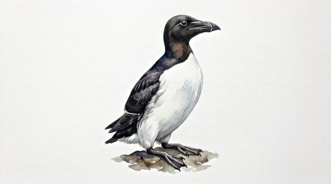 Thick-Billed Murre Standing Upright in Watercolor Style on White Background