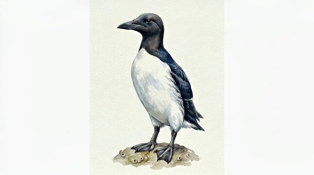 Thick-Billed Murre Standing Upright in Watercolor Style on White Background
