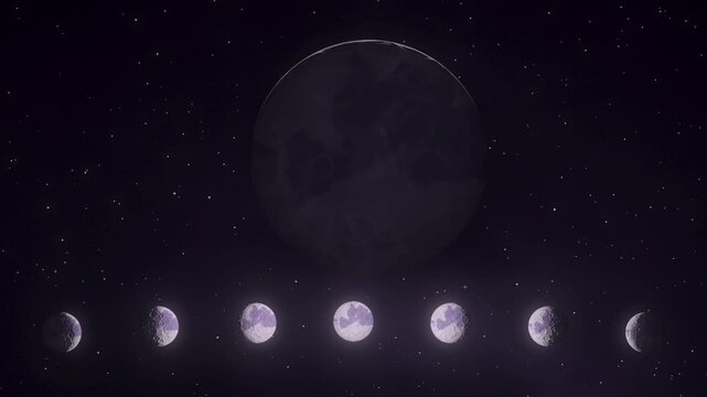 Moon Phases Lunar Cycle with Crater Detail over Starfield Seamless Loop in cool violet tones