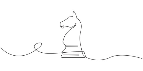 One line art chess knight vector illustration for business strategy concepts. Minimalist continuous line drawing of a chess knight piece for strategy and tactics. © SUJON
