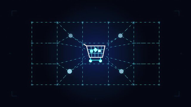 Digital shopping cart connected to network nodes, ecommerce online shopping technology and global retail data transfer, blue futuristic motion graphic