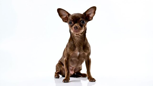 Cute small brown dog with big ears sitting and looking at the camera against a white backdrop in studio