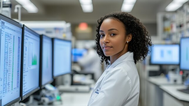 A female scientist observing data on monitors.