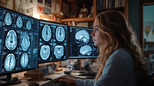 A female doctor analyzing brain scans in a lab.