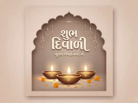 Shubh Diwali and Nutan Varshabhinandan Gujarati Typography Square Banner