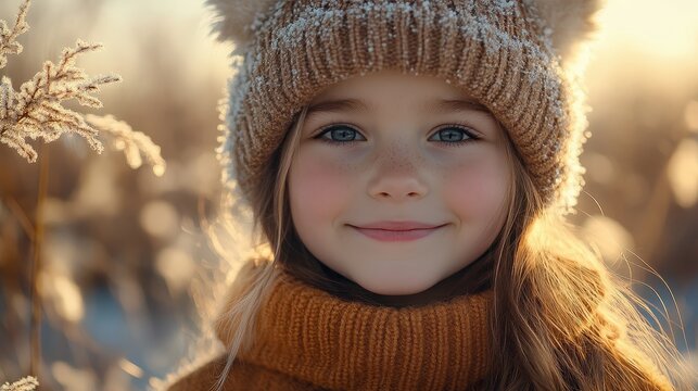 A young girl in a winter hat and scarf smiling in the snow.