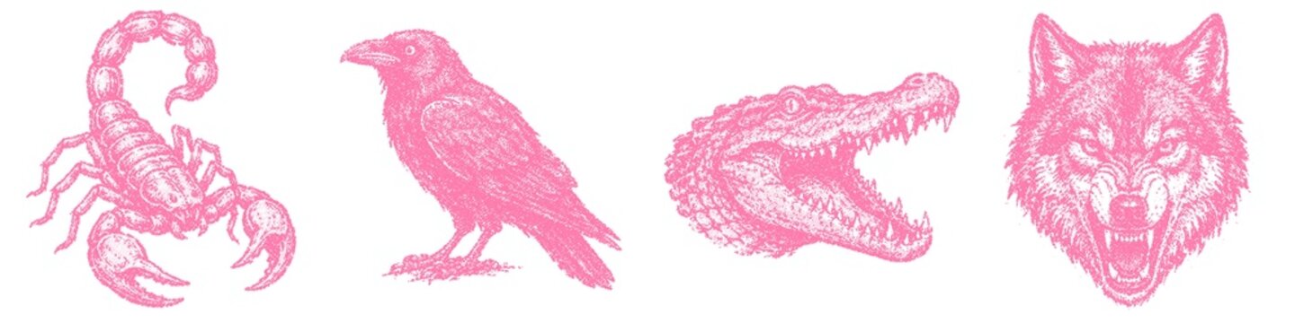 Halftone stipple art of pink scorpion, raven, crocodile, wolf in transparent retro grunge style