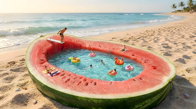 Miniature Swimming Pool Inside Watermelon on Tropical Beach