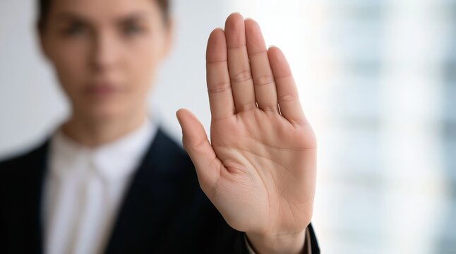 Business professional woman executive in corporate office showing assertive leadership and authority with stop hand
