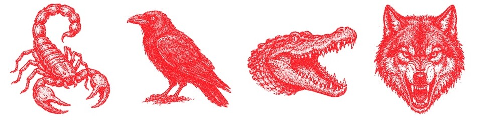 Obraz premium Halftone stipple dotted retro grunge transparent scorpion raven alligator wolf graphic set