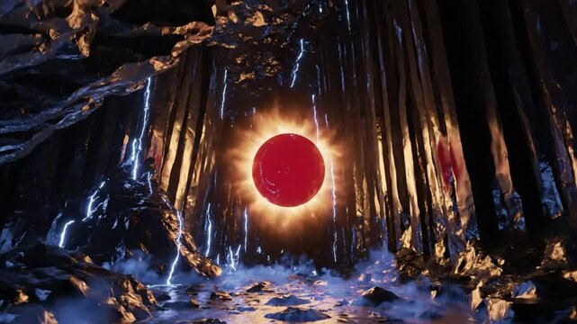 Mysterious fiery red orb surrounded by glowing energy and lightning within a dark cavernous environment