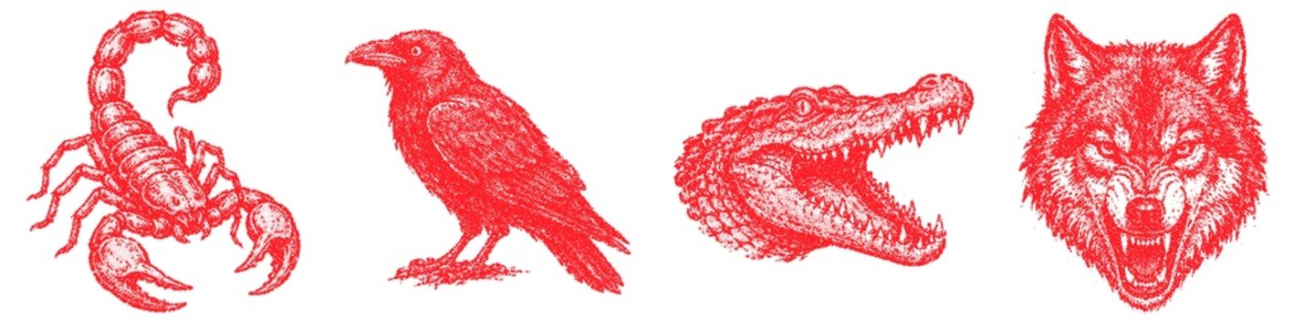 Halftone stipple dotted retro grunge transparent scorpion raven alligator wolf graphic set