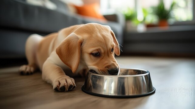 A golden retriever puppy eating from a bowl on the floor.