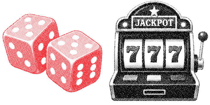 Retro grunge halftone style red dice set with stippled dotted transparent design
