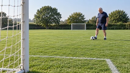 Fototapeta premium A White British man lines up a short angled walking football shot beside a grounded ball on a grass pitch viewed past the near goalpost in gentle morning light