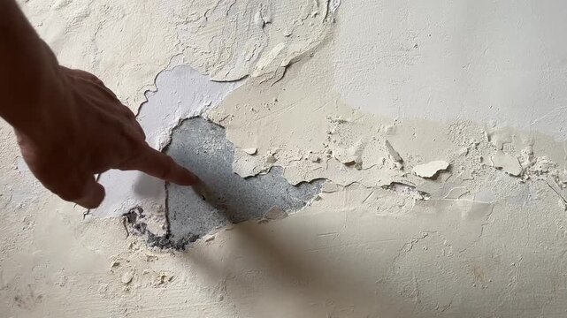 Close up of hand inspecting severely damaged wall with exposed concrete