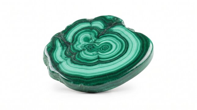 Polished malachite mineral slice displaying distinctive concentric green bands and natural geological patterns, presented as a decorative stone specimen. Isolated on White background.