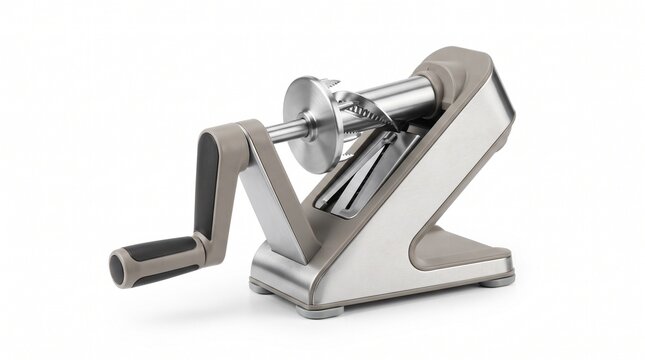 Compact manual spiral vegetable slicer with an exposed stainless steel cutting mechanism, designed for preparing decorative vegetable noodles. Isolated on White background.