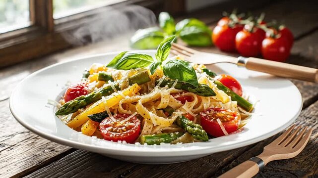 Delicious steaming plate of fresh pasta with asparagus, tomatoes, and basil on a rustic wooden table setting