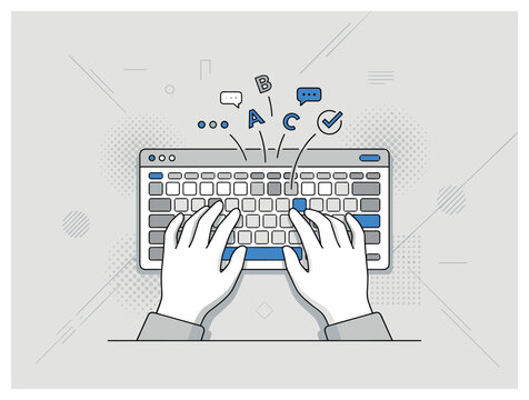 Technology and communication illustration with keyboard hands and chat symbols for web design in minimal outline style
