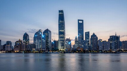 Fototapeta premium Digital data streams connect towering skyscrapers in a futuristic smart city skyline at twilight.